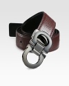 Smooth on one side and textured on the other, this reversible belt crafted in smooth Italian leather with double gancini buckle, will be a versatile addition to your existing wardrobe.LeatherAbout 1½ wideMade in Italy