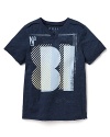 V-neck tee with graphic 81 print at chest and epaulette detail at shoulder.