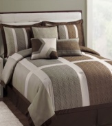 Contemporary cool. Geometric embroidery and bold lines lend a modern appeal to soft tones of silver, gray and mocha for a look of sleek sophistication. Featuring a coordinating solid bedskirt and patterned accent pillows, the Boxwood comforter set evokes a look of polished perfection.