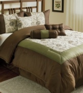 Into the forest. This Delaney comforter set boasts delicate floral embroidery and earthy brown, green and ivory hues for a look rooted in natural simplicity. Comes complete with coordinating shams, bedskirt and decorative pillows to finish your bed in understated charm.