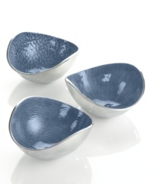 Full of surprises, these handcrafted nut bowls feature sleek, polished aluminum lined with lustrous blue enamel. It's a pretty set for serving snacks or simply decorating the table. From the Simply Designz serveware and serving dishes collection. Full of surprises, these handcrafted nut bowls feature sleek, polished aluminum lined with lustrous blue enamel. It's a pretty set for serving snacks or simply decorating the table. From the Simply Designz serveware and serving dishes collection.
