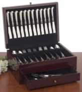 Keep your finest flatware beautifully organized and safe from the elements with this exquisite chest, a vintage 19th century design from the Colonial Williamsburg collection. With a mahogany wood veneer finish on the exterior, the box features tarnish proof lining to help keep silverware shining like new. Holds 150 pieces of flatware. Measures 17 x 12.5 x 6.5.