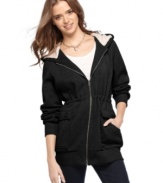 Warm-up in this fleece jacket from Hot Kiss that features a toasty faux-fur lined hood and waist-defining drawstring!