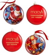 Santa Claus and Harold the fireman balloons, two favorites from Macy's Thanksgiving Day Parade, bring the beloved holiday tradition to your tree as colorful glass ornaments. With logo on reverse. From Kurt Adler. (Clearance)