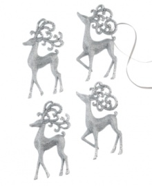 Reindeer a-leaping. Four silver reindeer bound through your tree with a coat of glitter that'll shine bright from any bough.