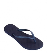 The original style gets an update with more feminine slim looking straps. Wear these basic waterproof rubber flip flops anywhere. Logo embossed solid thong strap and logo debossed cushioned footbed.