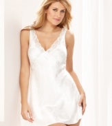 Here comes the bride in an elegant chemise by Jones New York. Femme lace detail and a deep v-neckline are icing on the cake.