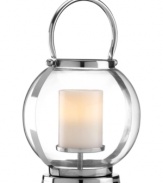 Dansk updates a traditional lantern design for modern spaces with the Globus candle holder. Polished nickel plate makes it shine around the clock, paired with luminous glass.