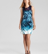 An abstract graphic print emboldens this T Tahari sheath dress, accented with a contrast neckline for trend-right pattern mixing.