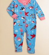 Watch the birdies tweet and chirp on this charming print of soft cotton knit to keep your baby comfy.Ribbed crewneckSnap neck tabFront and leg zipperLong sleeves with contrast ribbed cuffsFeet with non-slip dots on solesCottonMachine washImported