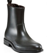 Boasting an of-the-moment abbreviated silhouette, these slick Salvatore Ferragamo boots prove rain can't stop sharp Italian style.