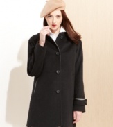 Jones New York offers a fresh take on a classic coat: on-trend colorblocking (just enough to make it interesting) highlights the swingy silhouette of this wool-blend topper.