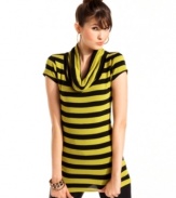 Got stripes? This cap sleeve top from Planet Gold features a draping, cowl neck and the boldest print of all.