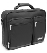 Skilled in the business of your business. Skip hassle, confusion & disorganization when you travel with this fully-stocked and durable brief. Featuring a convertible back zip pocket that slides over the handles of rolling uprights, this brief is an easy traveler with a slim design that packs in your laptop, important files, accessories and everything you need to travel like a pro.