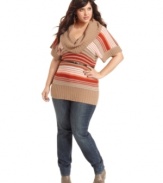 Rock on-trend style with Planet Gold's striped plus size sweater, accented by a belted waist.