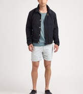 Modern-fit summer short exudes an authentic seaside style with blue and white nautical stripes, adding character and definition to a casual summer favorite.Flat-front styleSide slash, back flap pocketsInseam, about 6CottonMachine washImported