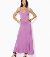 This breezy Lauren by Ralph Lauren maxi dress is given a feminine update in a lightweight silk-knit construction with chic godet pleats for a fuller skirt.