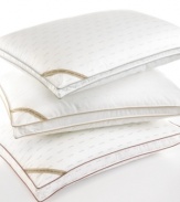 The luxury of comfort. Featuring a plush synthetic fill for softness, this Calvin Klein Signature Down Alternative Density pillow provides firm support for your head and neck as you rest. A generous 1.5 gusset finished with caramel piping gives just the right amount of volume. Also features a subtle, allover print of the Calvin Klein logo.