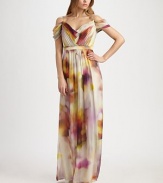 Artfully draped silk in an ethereal, colorful print, tailored with a prettily pleated bodice.Pleated V necklineSpaghetti strapsOff-the-shoulder cap sleevesBanded waistV back with concealed zipFully linedAbout 40 from natural waistSilkDry cleanImportedModel shown is 5'9½ (177cm) wearing US size 4. 