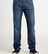 A new fit designed to offer more comfort with a slim look, while roomier in the waist, thigh and hip than a standard straight leg. Hand-sanding and whiskering provide a striking contrast and accentuates the slate blue color of this denim.Five-pocket styleInseam, about 3498% cotton/2% spandexMachine washMade in USA