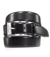 Sleek leather belt from BOSS Black, with brushed silvertone buckle and embossed logo detail.