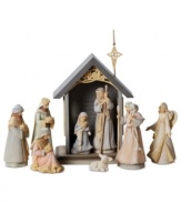 The true miracle of Christmas comes to life in this mini nativity set as Mary, Joseph and baby Jesus sit inside the manger surrounded by adorning onlookers.