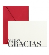 Now you can show appreciation with Latin flair thanks to Crane's Muchas Gracias note cards. Bold text inked in solid charcoal contrast flame-red envelopes for extra gusto.