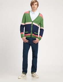 The luxurious feel and warmth that only comes from cashmere, this classic cardigan comes to life with a multitude of colorful stripes.ButtonfrontWaist patch pocketsCashmereDry cleanImported The luxurious feel and warmth that only comes from cashmere, this classic cardigan comes to life with a multitude of colorful stripes.ButtonfrontWaist patch pocketsCashmereDry cleanImported