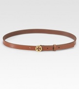 Supple leather, secured with a signature goldtone buckle.About ¾ wide Leather Made in USA