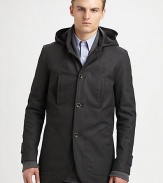 Whether because of its convenient hood, multiple pockets or timeless elbow patches, this coat will garner compliments.Attached hoodButton closureFront zipperElbow patchesWelt and slash pocketsBack ventAbout 31 from shoulder to hemCotton; cotton liningDry cleanMade in Italy
