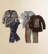 Five easy pieces add up to a whole wardrobe of effortless style for your little guy.One striped, long sleeve henley tee with button placketOne crewneck tee with a graphic bull screen and layered-look long sleevesOne long sleeve, crewneck tee with a Mexican cowboy stamp designOne pair of elastic-waist, denim look knit pantsOne pair of elastic-waist knit pants with contrast sides and stitchingCottonMachine washImported