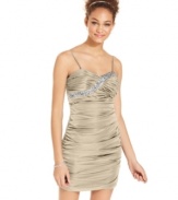 Simply irresistible: a rhinestone-encrusted bodice delivers hollywood style to this ruched minidress from Hailey Logan.