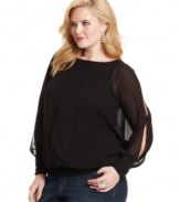 Dress up your casual look with Jessica Simpson's plus size blouse, featuring sleeve cutouts.