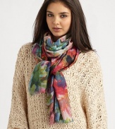 EXCLUSIVELY AT SAKS. This boldly colored design boasts a luxurious cashmere and silk blend. 55% cashmere/45% silkAbout 28 X 80Dry cleanImported 