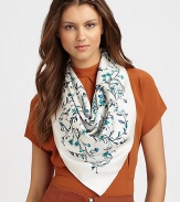 This elegant style features pretty, intricate vines and florals that come together and create a subtle signature center. Silk twillAbout 35½ X 35½Dry cleanMade in Italy