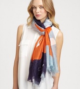 A fun, contemporary print in lightweight silk with a baby fringe border. SilkAbout 43 X 80Dry cleanImported 
