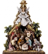 As a brilliant star shines from above and a glorious angel shouts hallelujah, baby Jesus captivates an adoring audience. A muted landscape and humble stable create the perfect scene for Mary, Joseph and the three kings to kneel before the newborn babe.