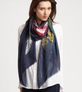 Pops of bright color with an edgy owl over-print on an indulgent silk and cashmere blend. 50% silk/50% cashmereAbout 28 X 80Dry cleanImported
