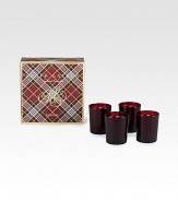 Festive, fragrant votive candles scented with notes of red currant, evergreen and juniper, for a home-for-the-holidays feel.4-piece setGlassSoy blend waxAbout 1 oz. eachMade in USA