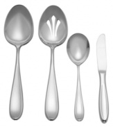 A pleasant teardrop-shaped handle design in stamped 18/10 stainless steel evokes the cozy luxury of a summer cottage. Bring elegance to the table every day with the warm Holliston pattern from fine silversmith Reed & Barton. Includes a tablespoon, pierced tablespoon, sugar spoon and butter knife.