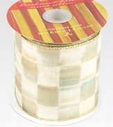 For wrapping or decorating, indoors and out, this signature ribbon has a linen-like texture and wired edges to adorn everything from packages to the banister to the tree.Checks on one side, solid gold on the otherWater-resistant for indoor or outdoor useWired for easy shaping10-yard spool4 widePolyester/metallicImported