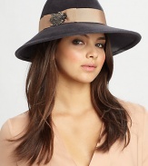 Midnight velour portrait felt fedora with ribbon trim and crystal insect detail.Felted rabbit furSpot cleanMade in USA