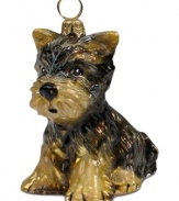 Puppy love at first sight. Just begging for a home, this Yorkshire terrier ornament is irresistible to animal lovers in hand-painted glass by Joy to the World.