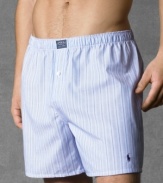 A classic boxer in soft woven cotton with signature Polo details. Features elasticized waistband with logo tag at center front, single-button fly and embroidered pony logo on lower leg.