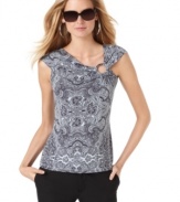 An asymmetrical neckline & logo hardware ring add modern style to this MICHAEL Michael Kors paisley-printed tank -- perfect for layering under a fitted blazer!