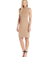 Calvin Klein's mock-neck sheath is precision-cut and adorned with shiny gold buttons at the shoulder.