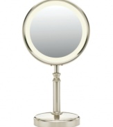 Flip to see eye to eye on the 10x magnified side or face to face on the 1x magnified side. The fluorescent bulb provides highlighting illumination, using 60% less energy while providing 30% more light, so you can find all of the areas that need attention. 1-year warranty. Model BE116T.