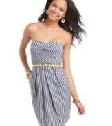 BCX gives classic pinstripes a chic reinvention with this belted sweetheart dress that's totally fresh! Pair it with sleek accessories for a look that transitions from day to night!