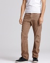 Flat front, straight leg corduroy pants with zip fly, button closure. Five pocket with slightly distressing for a comfortable fit.