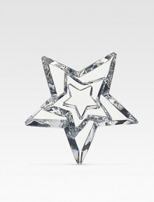 An exquisitely crafted paperweight in pure lead crystal is designed in a stack of three stars with sparkling clarity. 4¾W X 1½H Hand wash Made in France An exquisitely crafted paperweight in pure lead crystal is designed in a stack of three stars with sparkling clarity. 4¾W X 1½H Hand wash Made in France